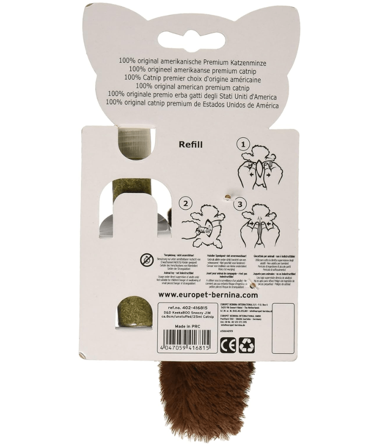 Duvo - D&D KeekaBoo Snoozy Jim Cat Toy with Premium Catnip Refill –  Plush Cat Toy - 8cm packaging back showing refill details.