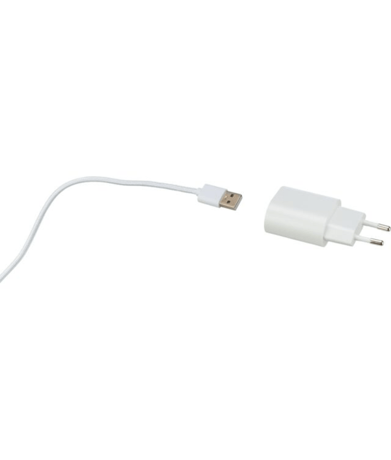 White USB charger and cable for convenient device charging.