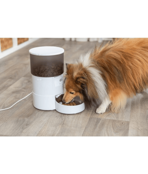 Trixie - TX-S Smart 3.0L Automatic Food Dispenser with a dog eating from the bowl.