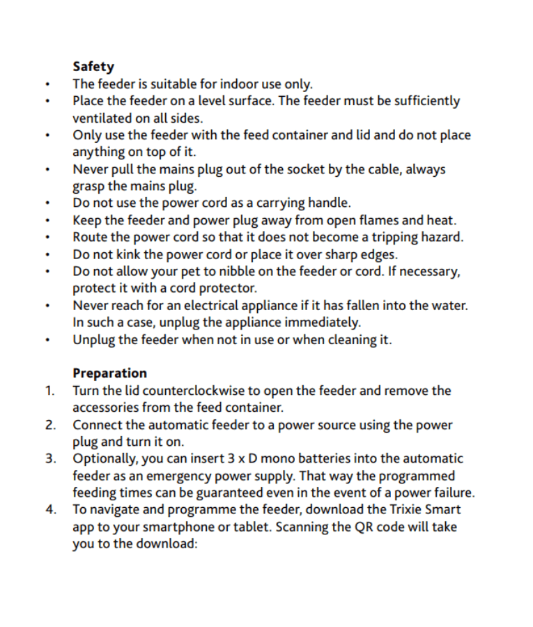 Safety and preparation instructions for Trixie - TX-S Smart 3.0L Automatic Food Dispenser.