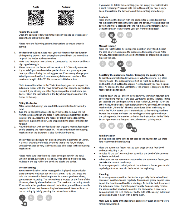 Instruction manual for Trixie - TX-S Smart 3.0L Automatic Food Dispenser setup and usage.