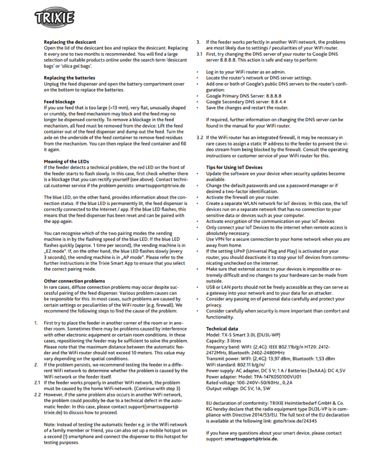 Trixie - TX-S Smart 3.0L Automatic Food Dispenser user manual guide and instructions.