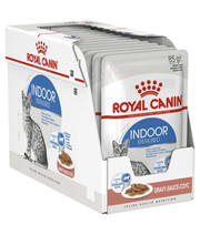 Royal Canin - Indoor Sterilised in Gravy Wet Cat Food for Indoor Sterilised Cats 7+ – 85g Pouch packaging display.