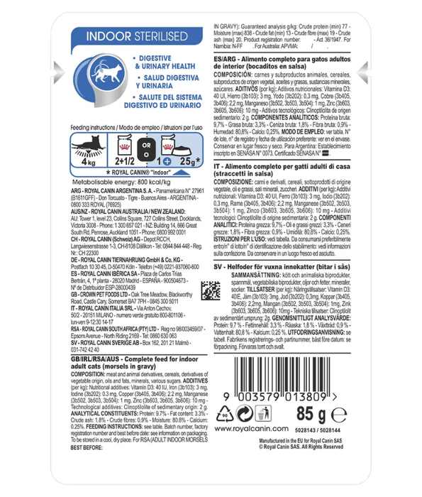 Royal Canin - Indoor Sterilised in Gravy Wet Cat Food for Indoor Sterilised Cats 7+ – 85g Pouch