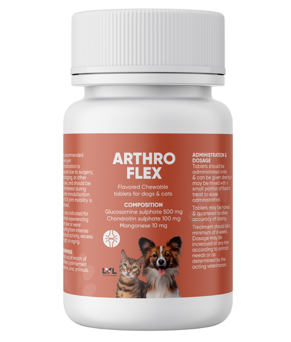 LVL Animal Health - Arthro Flex Joint Supplement for Dogs & Cats – Glucosamine 500mg, Chondroitin 100mg, Manganese – Flavored Chewable Tablets