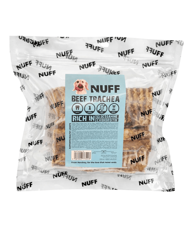 Nuff - Beef Trachea Natural Dog Chew – Joint Support – 15cm in clear packaging showing joint support benefits.
