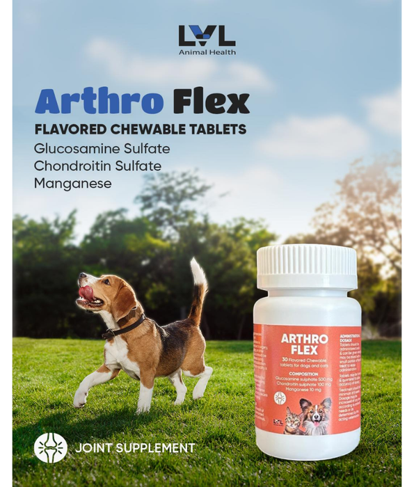 LVL Animal Health - Arthro Flex Joint Supplement for Dogs & Cats – Glucosamine 500mg, Chondroitin 100mg, Manganese – Flavored Chewable Tablets