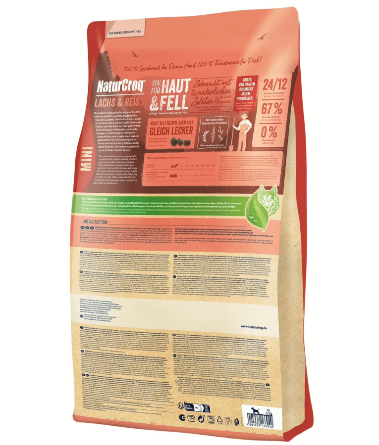 Happy Dog – NaturCroq Mini Salmon & Rice Adult Small Breed Dry Dog Food – Skin & Coat Support 4 kg packaging back view