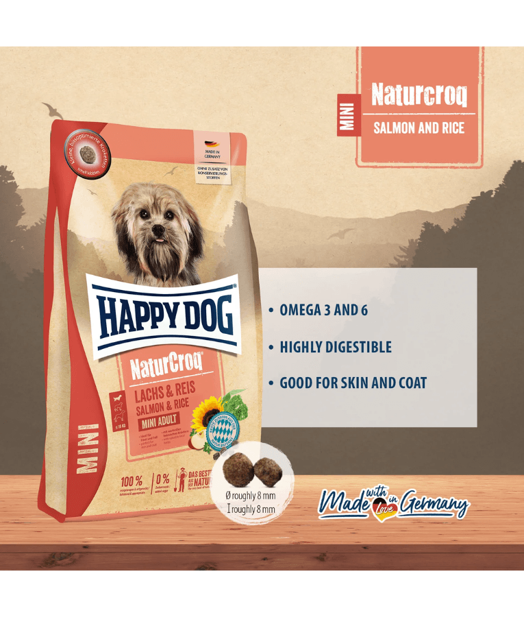 Happy Dog – NaturCroq Mini Salmon & Rice Adult Small Breed Dry Dog Food – Skin & Coat Support 4 kg packaging