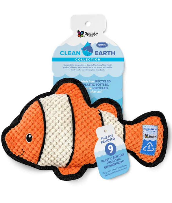Spunky Pup - Clownfish Clean Earth Plush Textured, Recycled Materials - Sustainable Floating Squeaky Dog Toy
