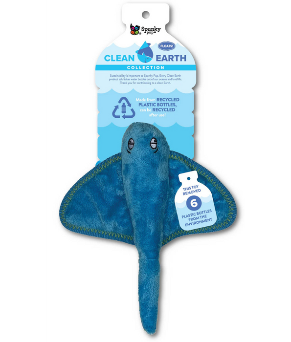 Spunky Pup - Stingray Clean Earth Plush Textured, Recycled Materials, Sustainable Floating Squeaky Dog Toy - Small