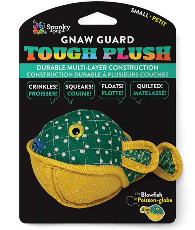 Spunky Pup - Neon Tough Plush Blowfish, Multi-Layer Durable Fabric - Squeaky Crinkle Floating Dog Toy - Small