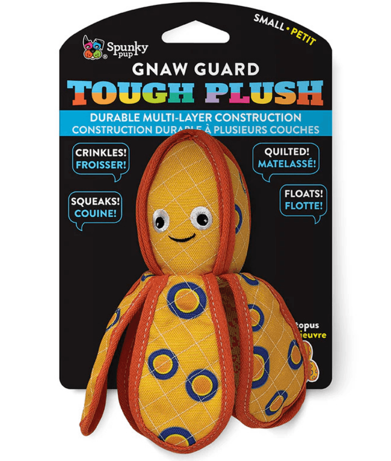 Spunky Pup - Neon Tough Plush Octopus, Multi-Layer Durable Fabric - Squeaky Crinkle Floating Dog Toy - Small