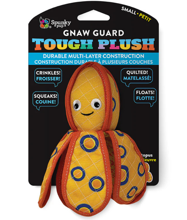 Spunky Pup - Neon Tough Plush Octopus, Multi-Layer Durable Fabric - Squeaky Crinkle Floating Dog Toy - Small