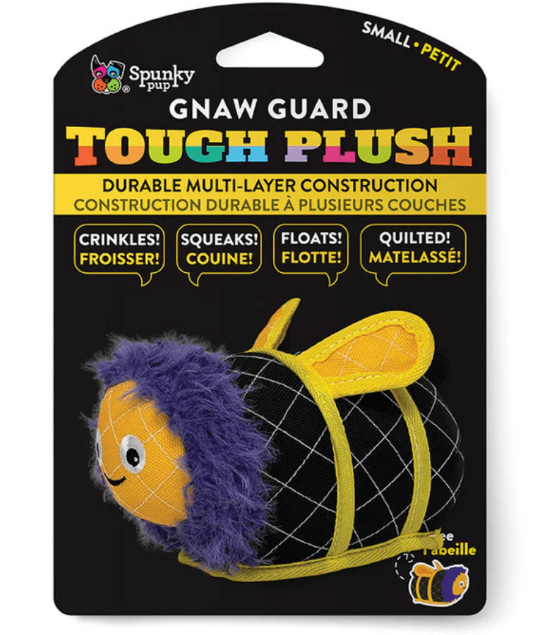 Spunky Pup - Neon Tough Plush Bee, Multi-Layer Durable Fabric - Squeaky Crinkle Floating Dog Toy - Small