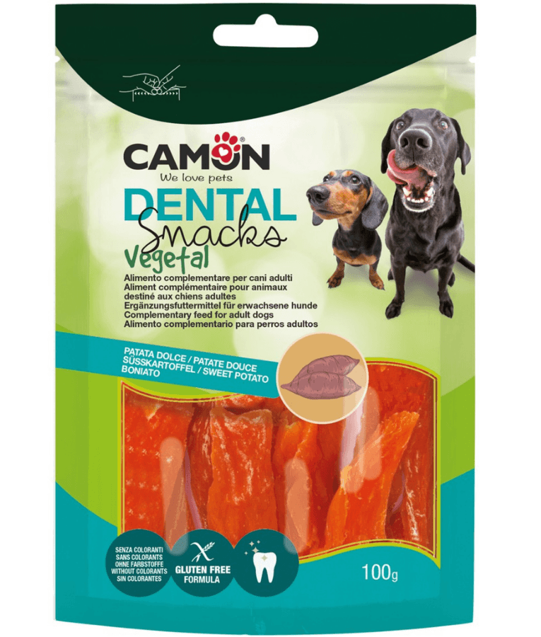 Camon - Dental Snacks Vegetal Sweet Potato Strips, Gluten-Free, Chewy Reward Treat for Adult Dogs - 100g