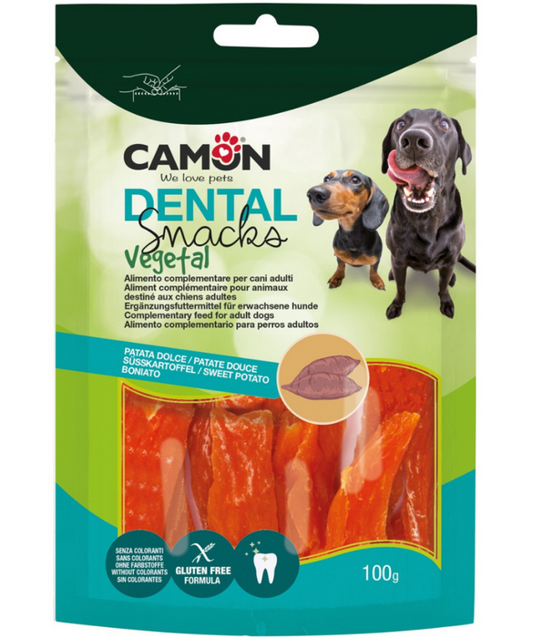Camon - Dental Snacks Vegetal Sweet Potato Strips, Gluten-Free, Chewy Reward Treat for Adult Dogs - 100g