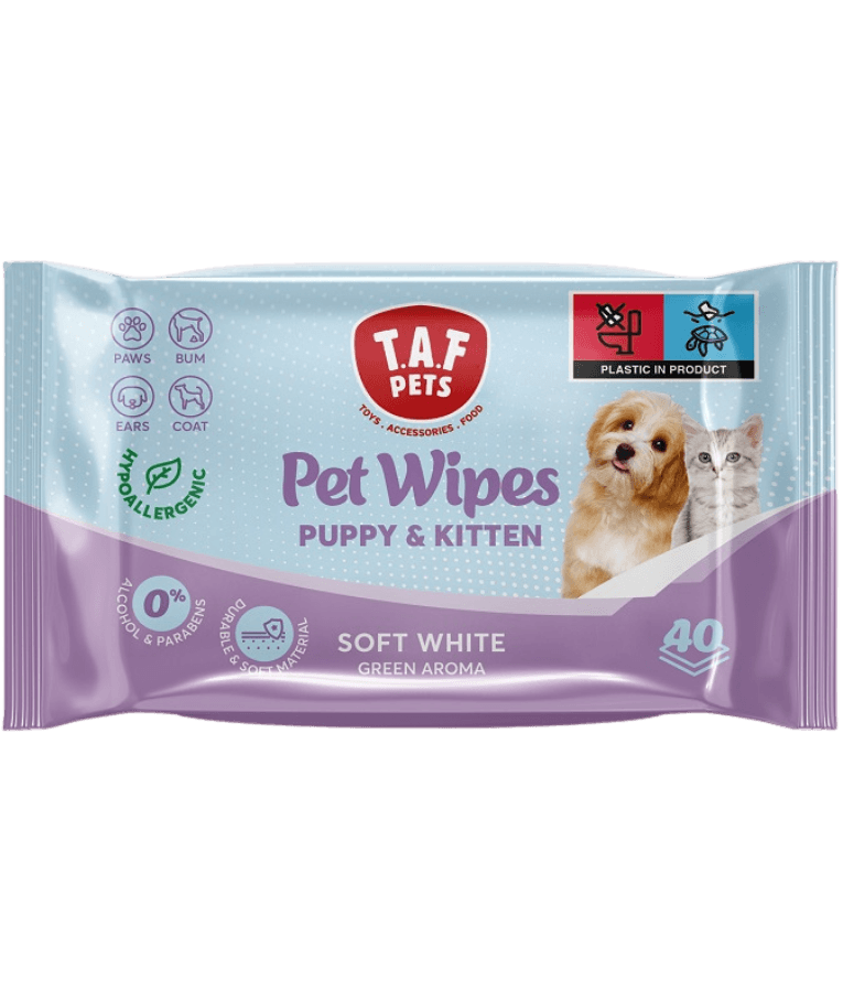 TAF Pets - Pet Wipes Puppy & Kitten, Embossed Soft White, Green Aroma Scent, Non-Alcoholic Cleansing Wipes - 40 pcs