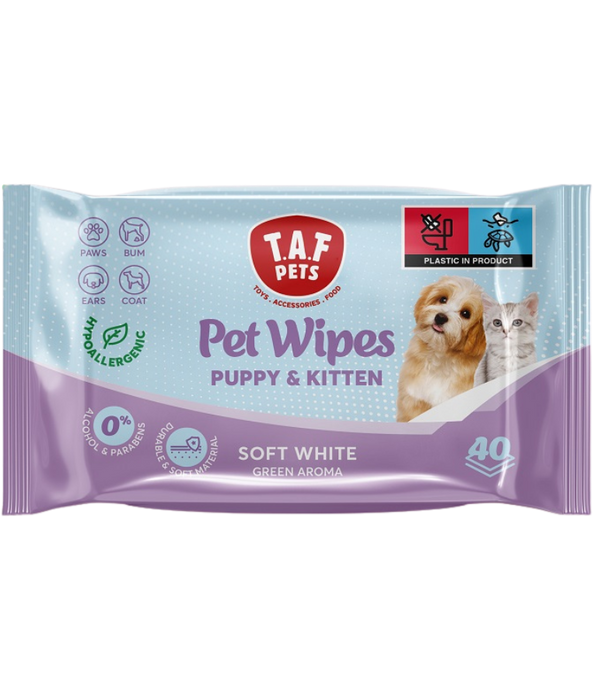 TAF Pets - Pet Wipes Puppy & Kitten, Embossed Soft White, Green Aroma Scent, Non-Alcoholic Cleansing Wipes - 40 pcs