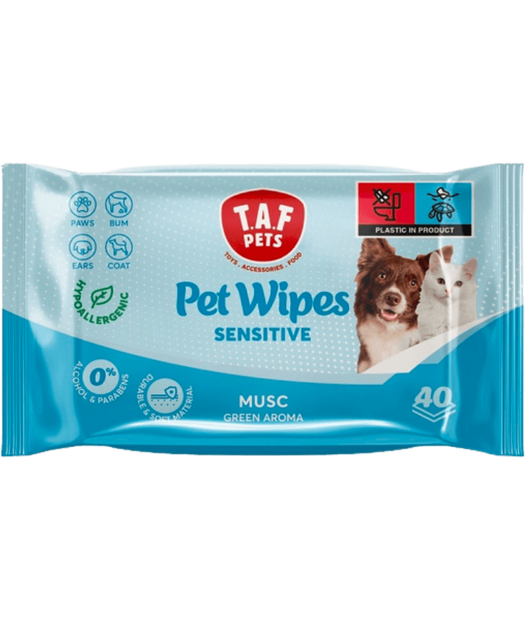 TAF Pets - Pet Wipes Sensitive, Embossed Musc Scent, Non-Allergic Cleansing Wipes - 40 pcs