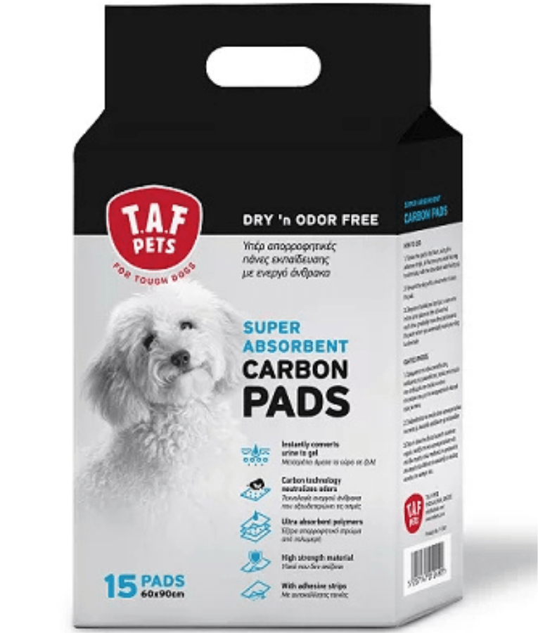 TAF Pets - Super Absorbent Carbon Pet Pads, Active Carbon Odor Control, Adhesive Strips for Medium & Large Dogs - 60x90cm 15 pcs