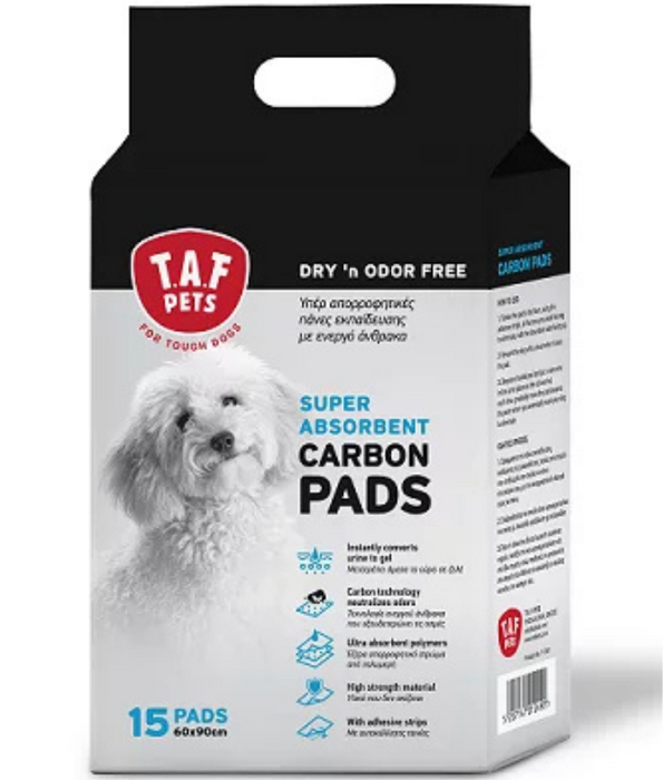 TAF Pets - Super Absorbent Carbon Pet Pads, Active Carbon Odor Control, Adhesive Strips for Medium & Large Dogs - 60x90cm 15 pcs
