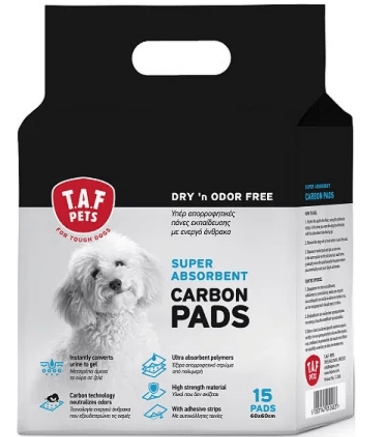 TAF Pets - Super Absorbent Carbon Pet Pads, Active Carbon Odor Control, Adhesive Strips for Mini and Small Dogs - 60x60cm 15pcs