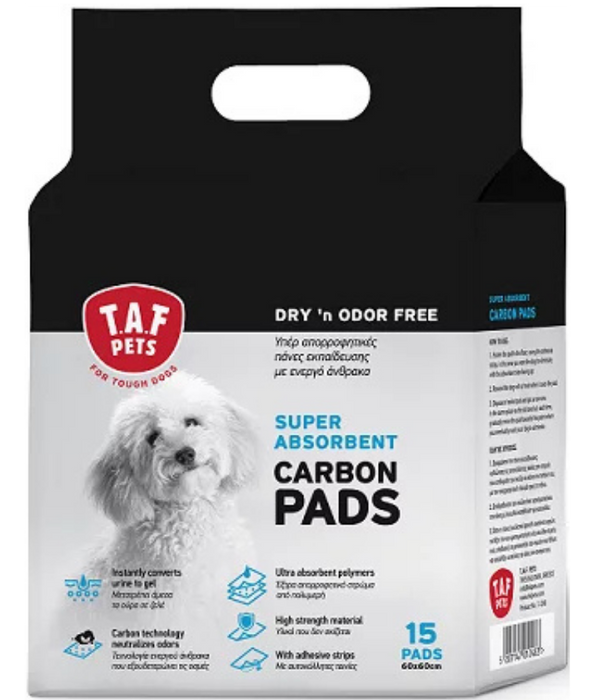 TAF Pets - Super Absorbent Carbon Pet Pads, Active Carbon Odor Control, Adhesive Strips for Mini and Small Dogs - 60x60cm 15pcs