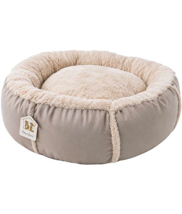 King Queen - Luxury Plush Donut Pet Bed, Ultra Soft Calming Round Bed for Dogs & Cats, Black & Beige - 65 cm