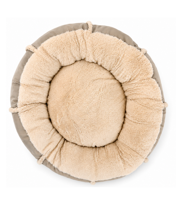 King Queen - Luxury Plush Donut Pet Bed, Ultra Soft Calming Round Bed for Dogs & Cats, Black & Beige - 65 cm