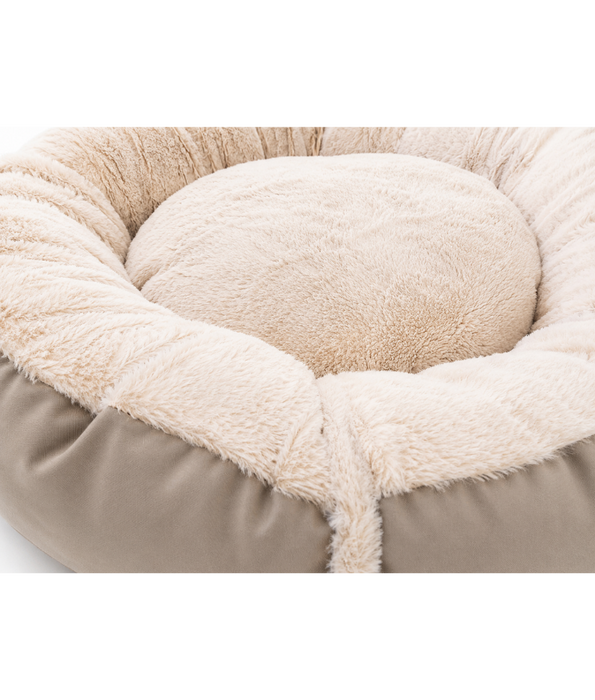 King Queen - Luxury Plush Donut Pet Bed, Ultra Soft Calming Round Bed for Dogs & Cats, Black & Beige - 65 cm