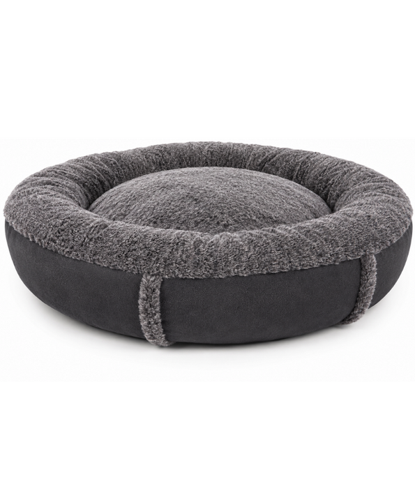 King Queen - Luxury Plush Donut Pet Bed, Ultra Soft Calming Round Bed for Dogs & Cats, Black & Beige - 65 cm