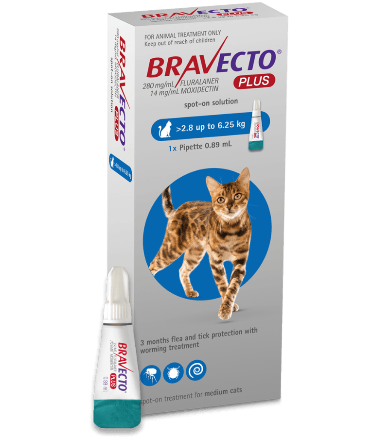 Bravecto Plus - Fluralaner & Moxidectin Spot-On Solution for Medium Cats, Tick, Flea & Worm Protection - 2.8–6.25 kg