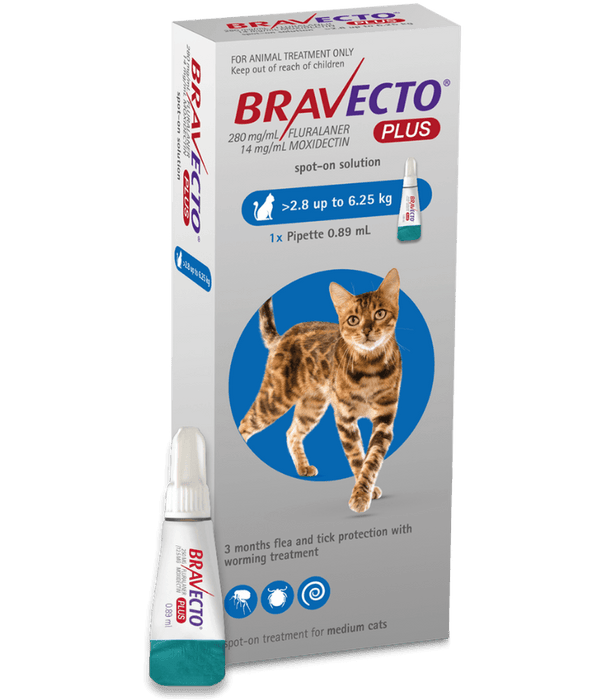 Bravecto Plus - Fluralaner & Moxidectin Spot-On Solution for Medium Cats, Tick, Flea & Worm Protection - 2.8–6.25 kg