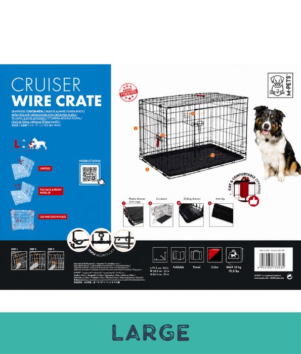 M-Pets - Cruiser Double Door Foldable Wire Dog Crate, Metal Training & Travel Crate - S, M, L, XL