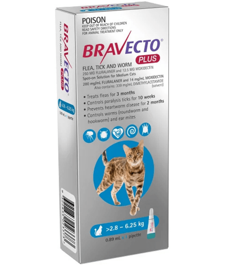 Bravecto Plus - Fluralaner & Moxidectin Spot-On Solution for Medium Cats, Tick, Flea & Worm Protection - 2.8–6.25 kg