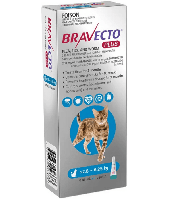 Bravecto Plus - Fluralaner & Moxidectin Spot-On Solution for Medium Cats, Tick, Flea & Worm Protection - 2.8–6.25 kg