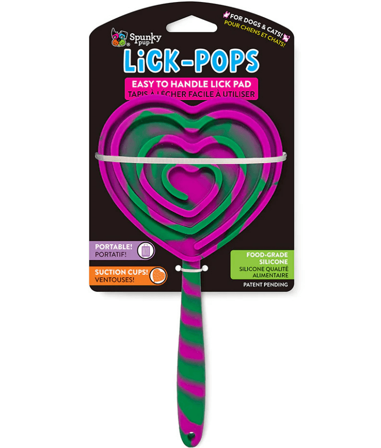 Spunky Pup - Heart Lick Pops, Food-Grade Silicone Licking Mat with Handle for Dogs & Cats