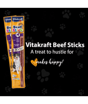 Vitakraft Beef Sticks, premium dog treats with over 90% meat, perfect for training and rewarding dogs of all sizes.
