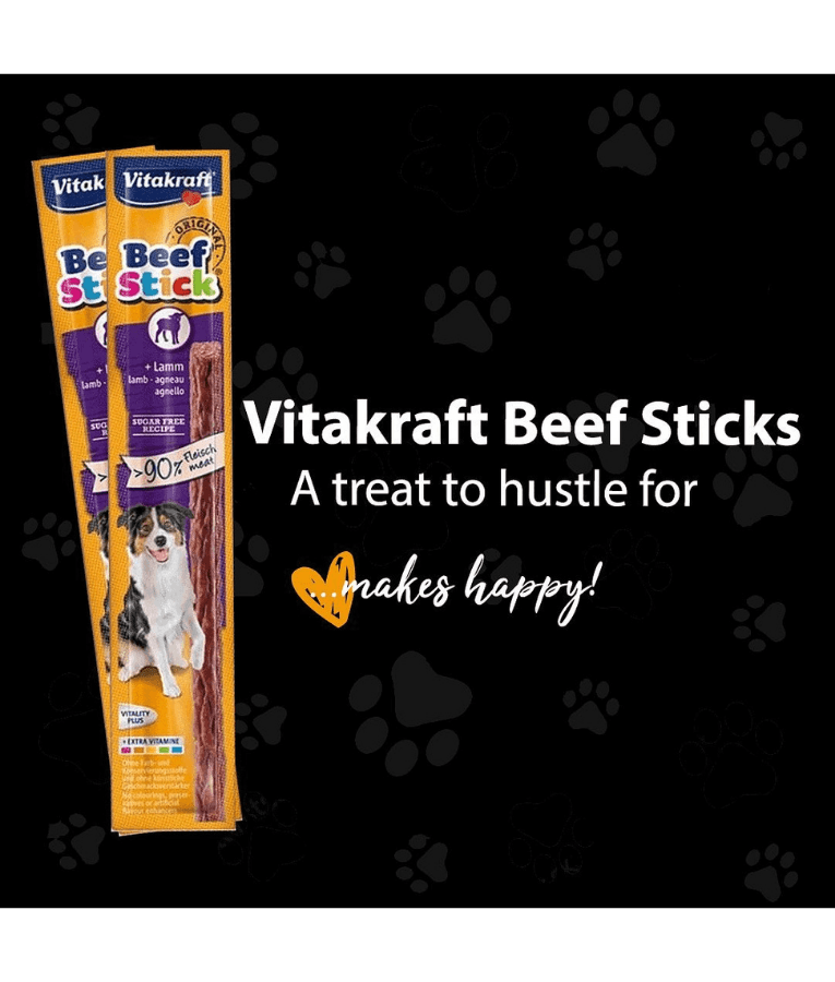 Vitakraft Beef Sticks, premium dog treats with over 90% meat, perfect for training and rewarding dogs of all sizes.
