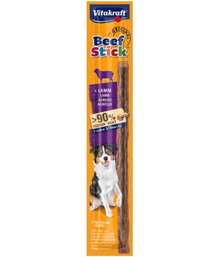 Vitakraft Beef Stick with Lamb, high meat content premium dog treats for training and rewarding dogs of all life stages.
