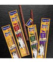 Vitakraft Beef Stick treats featuring high meat content, perfect for training, ideal premium dog treats for all breeds.