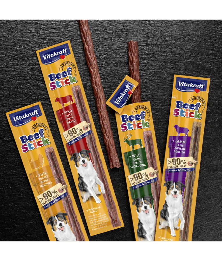 Vitakraft Beef Stick treats featuring high meat content, perfect for training, ideal premium dog treats for all breeds.