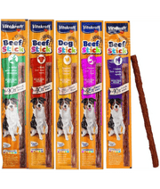 Vitakraft premium dog treats beef stick options, featuring high meat content and various flavors for training dogs.