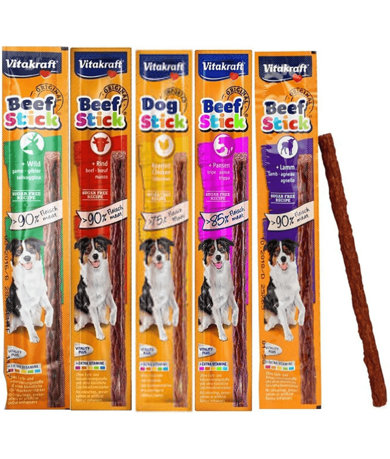 Vitakraft premium dog treats beef stick options, featuring high meat content and various flavors for training dogs.