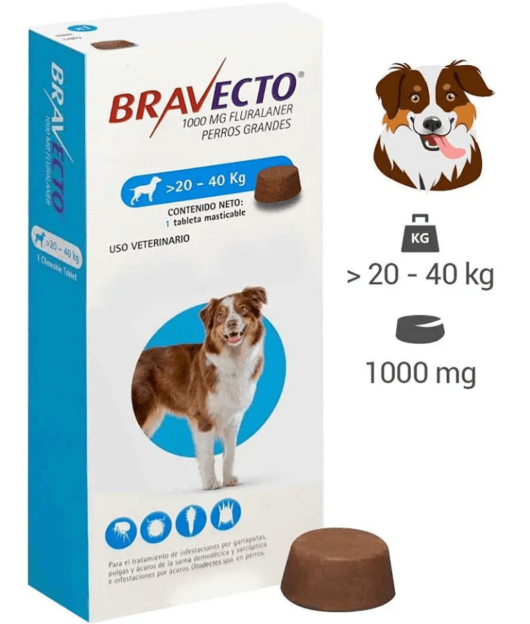 Bravecto 1000 mg Fluralaner, Tick & Flea Protection - 20-40 kg