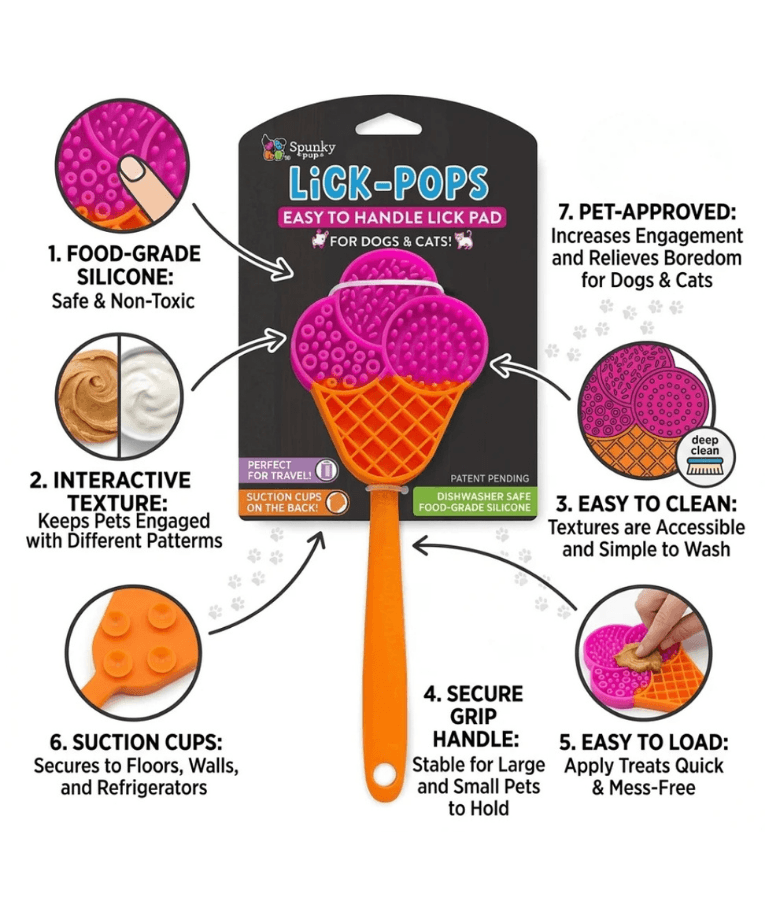 Spunky Pup - Cone Lick Pops, Food-Grade Silicone Licking Mat with Handle for Dogs & Cats