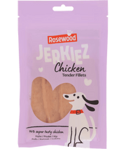 Rosewood Jerkiez Tender Fillets Chicken package, high protein chicken fillets for dogs, chewy snack for all life stages.