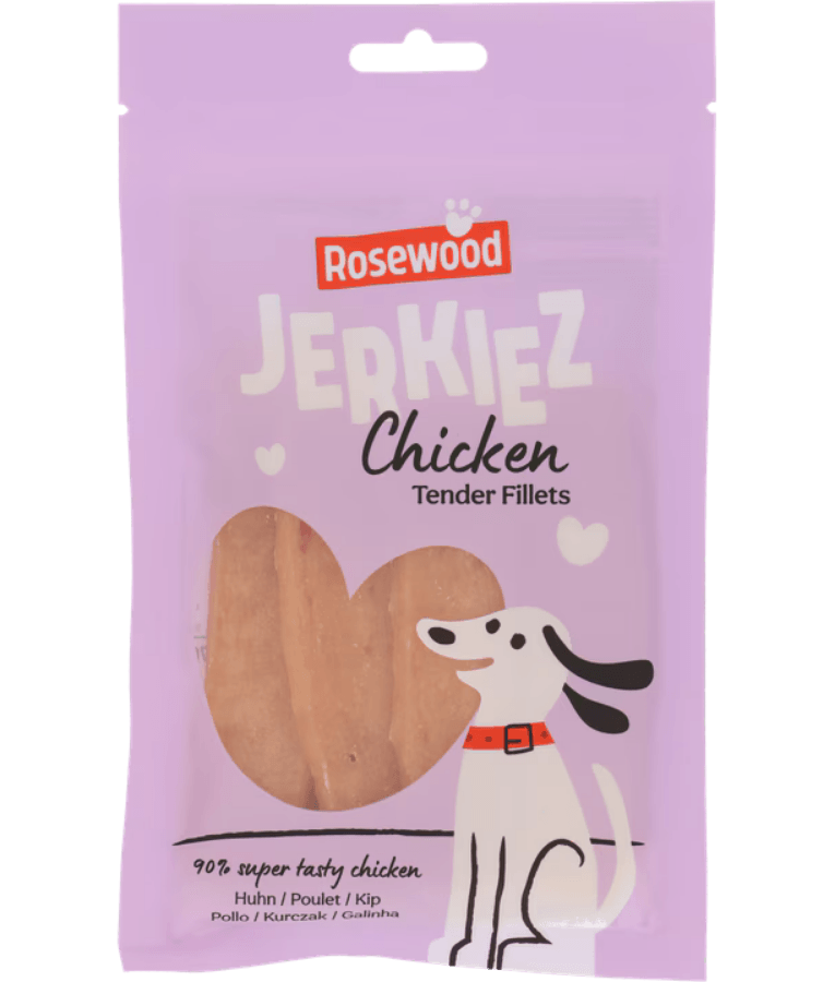 Rosewood Jerkiez Tender Fillets Chicken package, high protein chicken fillets for dogs, chewy snack for all life stages.