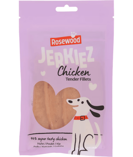 Rosewood Jerkiez Tender Fillets Chicken package, high protein chicken fillets for dogs, chewy snack for all life stages.